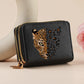 Mini portefeuille double zip pour femme avec motifs léopard et cerise