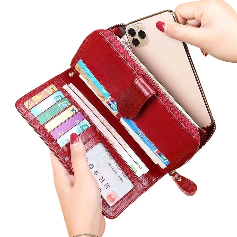 Portefeuille long femme vintage en cuir PU avec zip, rabat et grande capacité multifonction