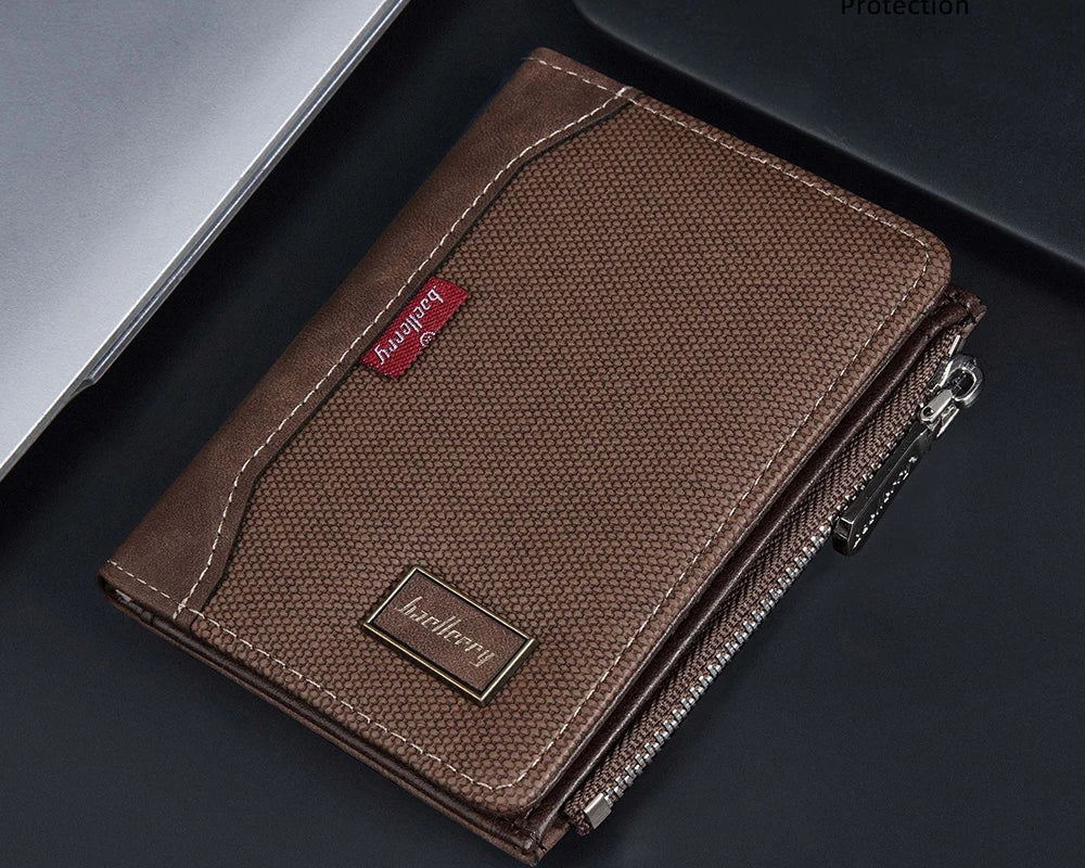 Portefeuille homme compact en cuir PU vintage avec zip, RFID et porte-cartes multifonction