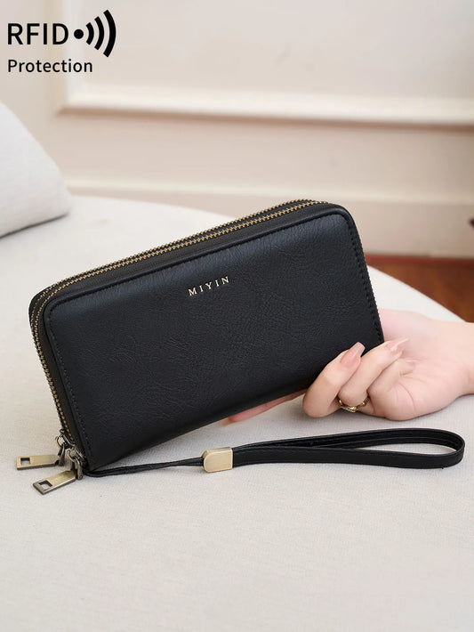 Portefeuille femme grande capacité PU vintage avec double zip et protection RFID
