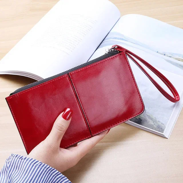 Portefeuille femme long en cuir PU vintage avec zip et dragonne grande capacité