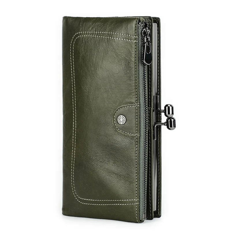 Portefeuille long femme en cuir véritable avec cadre métallique zip et grande capacité