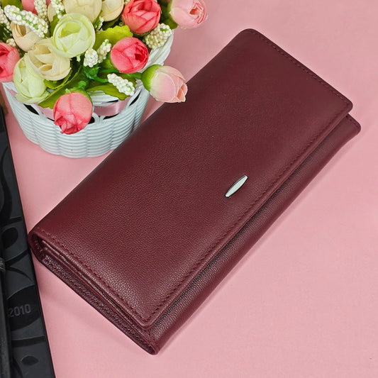 Portefeuille long femme en cuir véritable bordeaux avec zip et grande capacité élégante