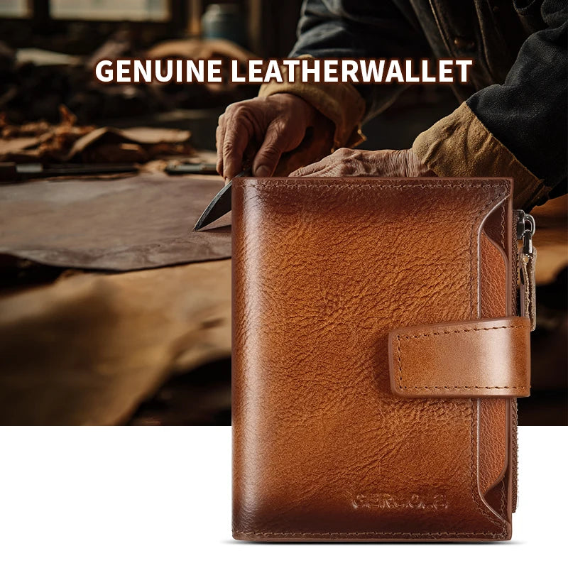 Portefeuille homme cuir véritable vintage RFID avec zip et porte-cartes multifonction