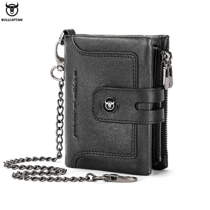 Portefeuille Homme  en Cuir Véritable Vintage avec Chaîne Anti-Vol et Protection RFID