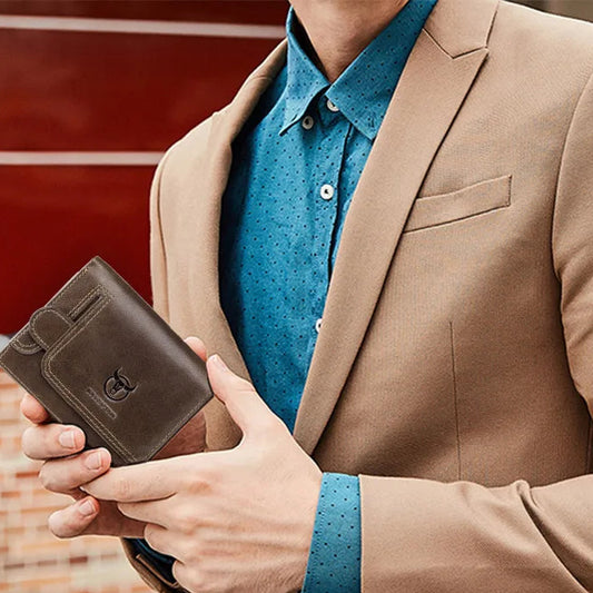 Portefeuille homme cuir véritable compact multifonction RFID avec rabat et zip