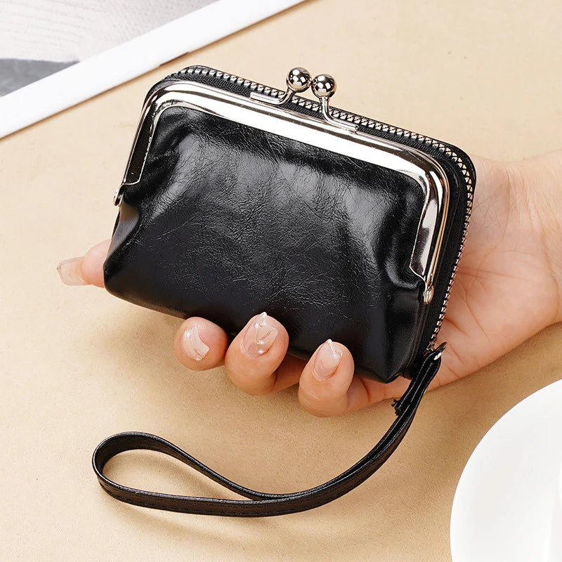Portefeuille femme compact vintage en cuir PU avec fermoir clip et dragonne