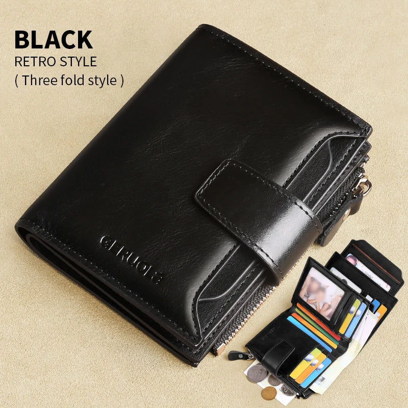 Portefeuille homme cuir véritable vintage RFID avec zip et porte-cartes multifonction