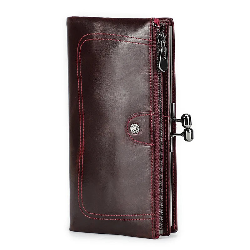 Portefeuille long femme en cuir véritable avec cadre métallique zip et grande capacité