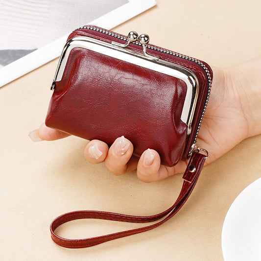 Portefeuille femme compact vintage en cuir PU avec fermoir clip et dragonne