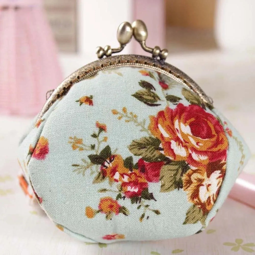 Porte-monnaie vintage à fermoir clic-clac en toile fleurie pour femme
