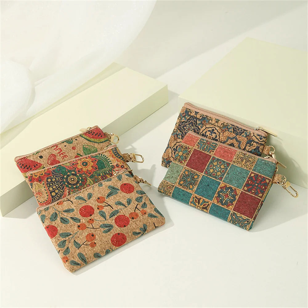 Portefeuille porte-monnaie en liège avec porte-clés zippé compact unisexe vintage
