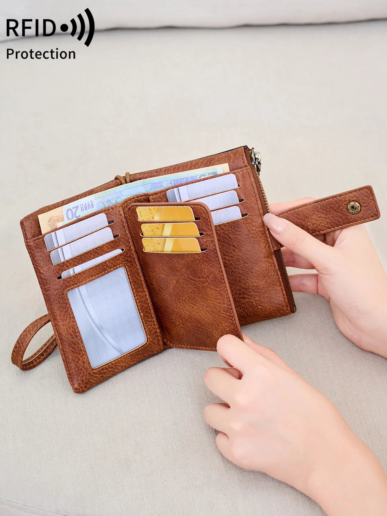 Portefeuille femme RFID en similicuir avec porte-cartes et porte-monnaie zippé