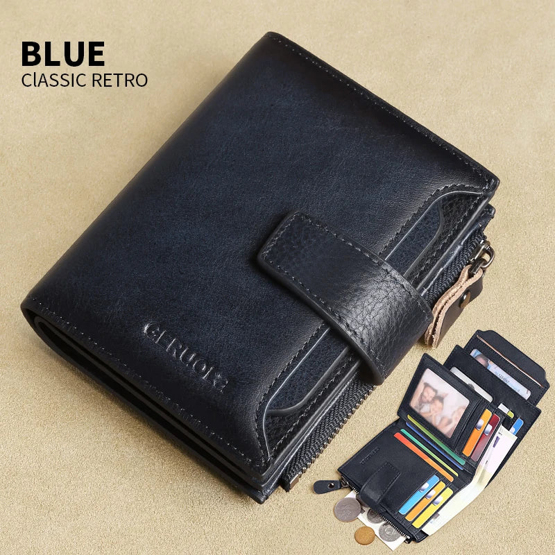 Portefeuille homme cuir véritable vintage RFID avec zip et porte-cartes multifonction