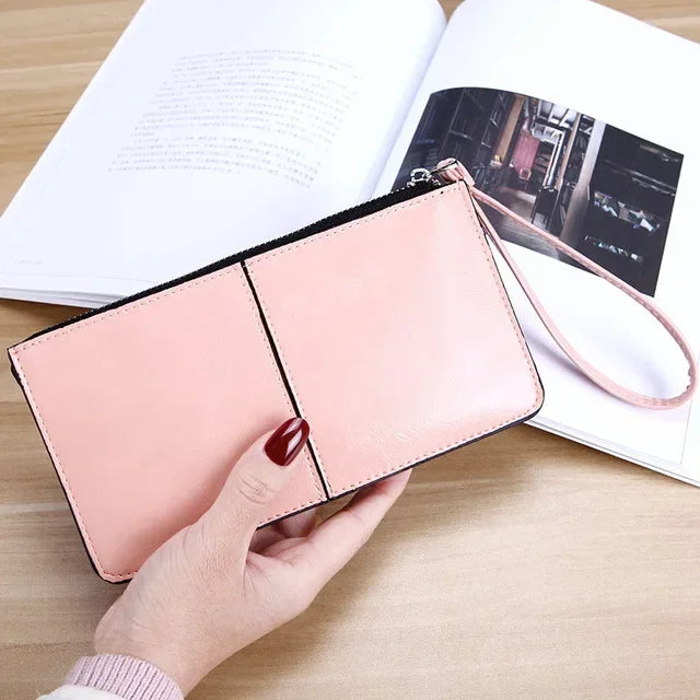 Portefeuille femme long en cuir PU vintage avec zip et dragonne grande capacité