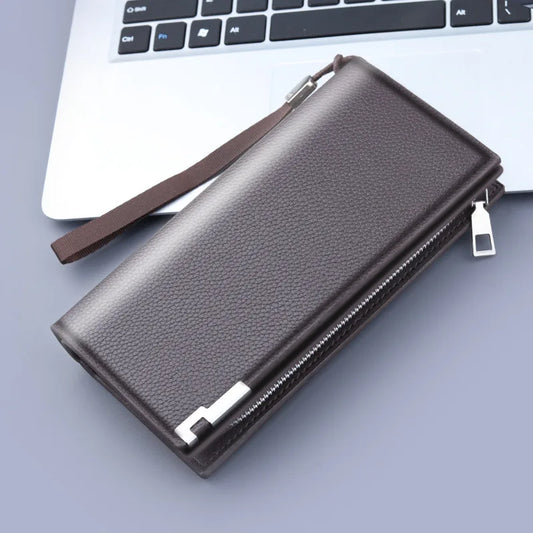 Portefeuille long homme en cuir PU avec zip, dragonne et compartiment téléphone grande capacité