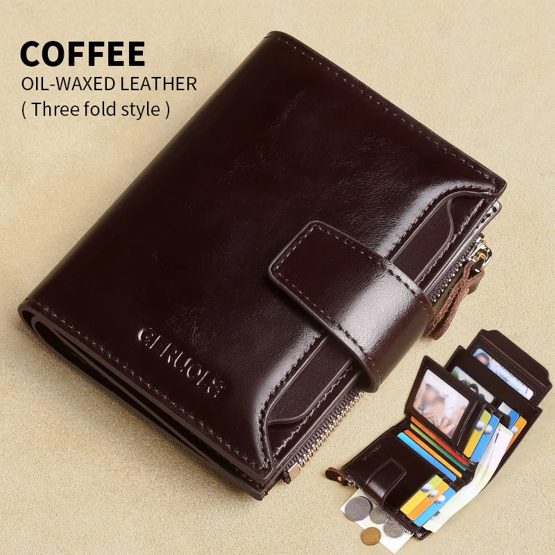 Portefeuille homme cuir véritable vintage RFID avec zip et porte-cartes multifonction