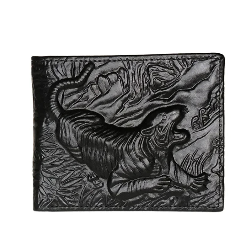 Portefeuille homme cuir véritable vintage motif tigre 3D bifold compact élégant