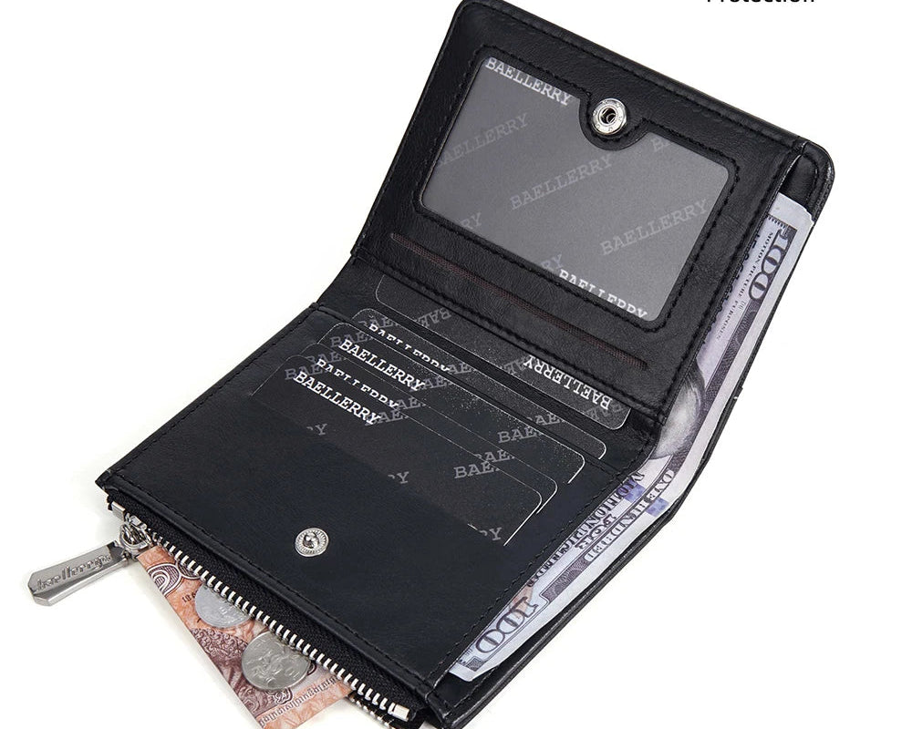 Portefeuille homme compact en cuir PU vintage avec zip, RFID et porte-cartes multifonction