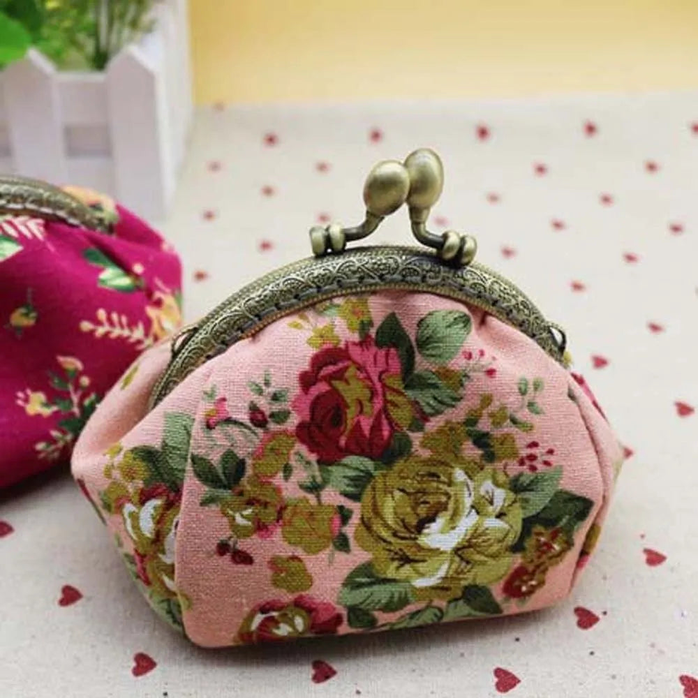 Porte-monnaie vintage à fermoir clic-clac en toile fleurie pour femme