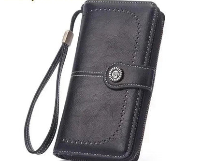 Portefeuille long anti-theft en cuir pu avec fermeture éclair et dragonne pour femme