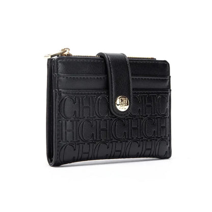 Portefeuille femme compact en cuir PVC motif logo avec bouton et zip élégant