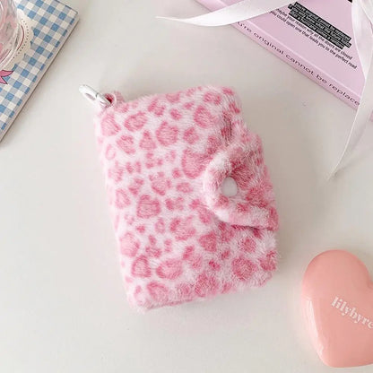 Porte-monnaie léopard en peluche avec fermeture pression et poche zippée