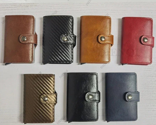 Porte-cartes RFID en aluminium et cuir effet carbone slim avec système anti-vol