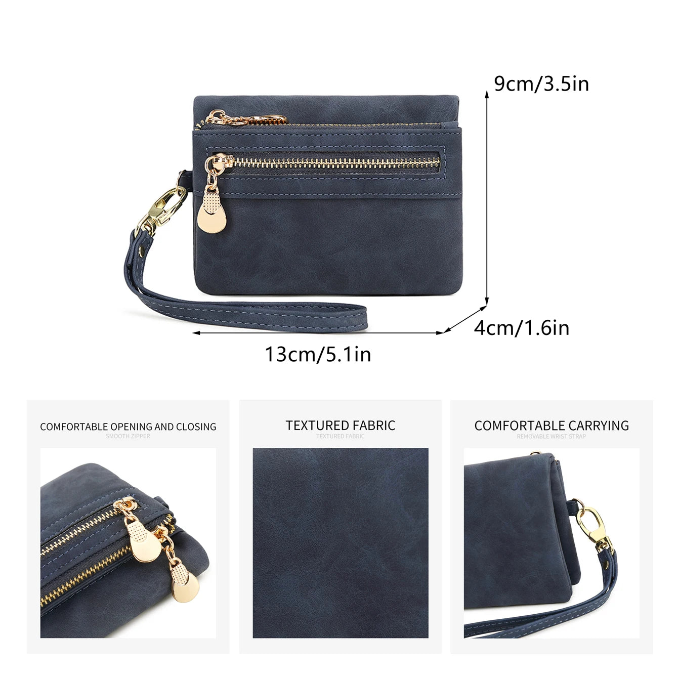 Portefeuille femme compact en cuir PU avec zip et dragonne amovible élégante