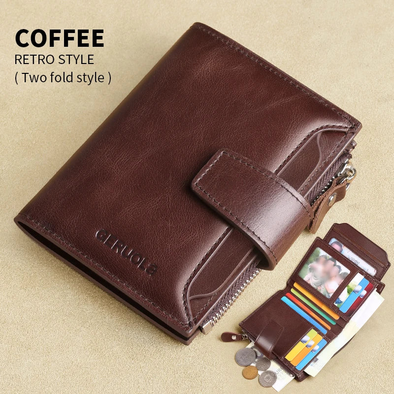 Portefeuille homme cuir véritable vintage RFID avec zip et porte-cartes multifonction