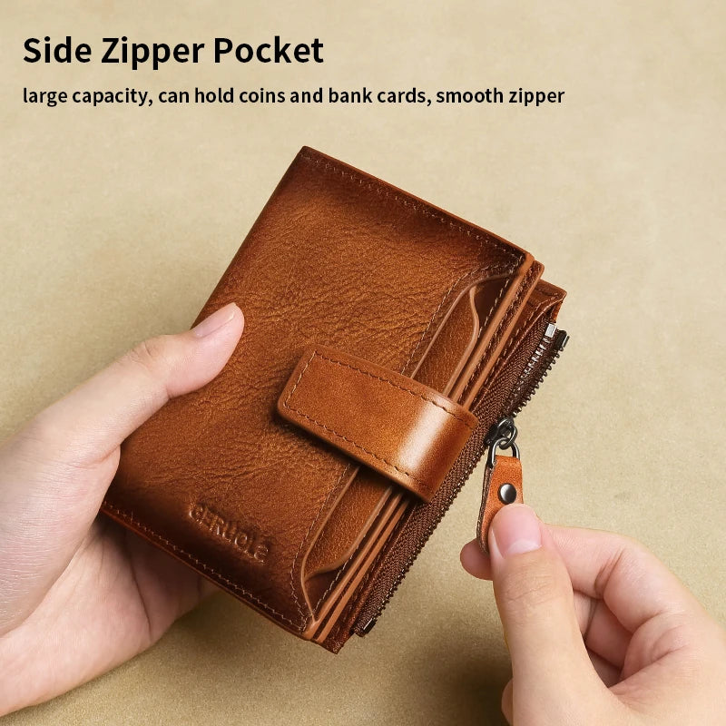 Portefeuille homme cuir véritable vintage RFID avec zip et porte-cartes multifonction