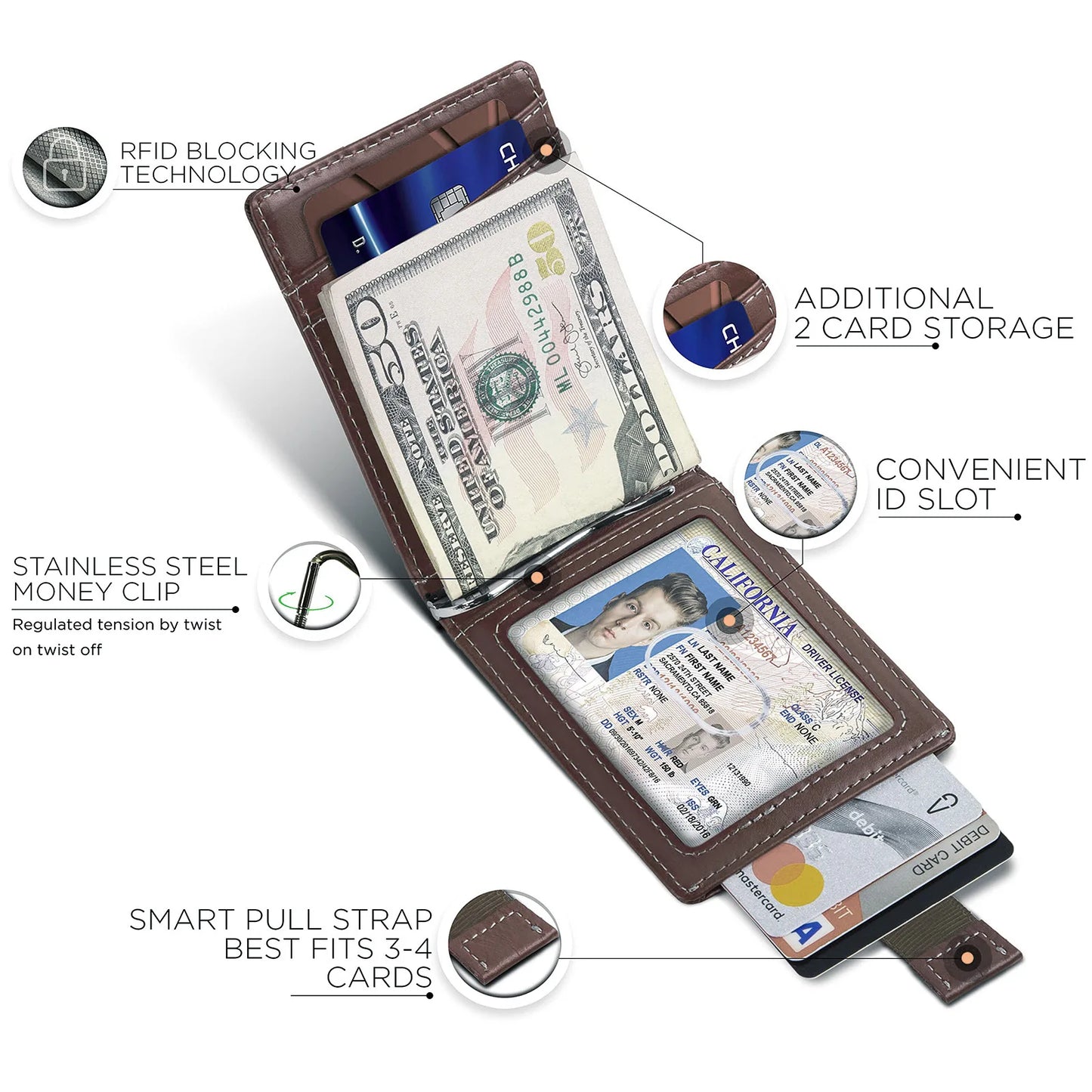 Portefeuille homme slim en cuir microfibre avec clip billets et protection RFID