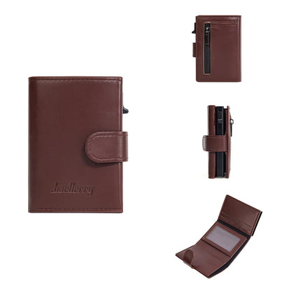 Portefeuille carte RFID homme en cuir PU avec bouton pression et porte-cartes aluminium
