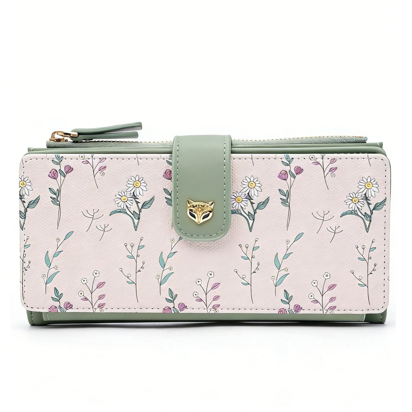 Portefeuille long femme floral en cuir PU avec zip et rabat grande capacité élégant