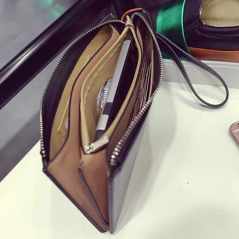 Portefeuille femme long en cuir PU vintage avec zip et dragonne grande capacité