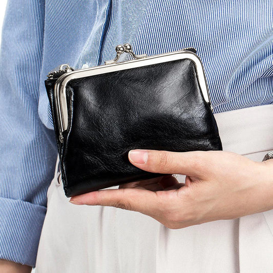 Portefeuille vintage en cuir pour femme avec fermoir Kiss Lock et grande capacité