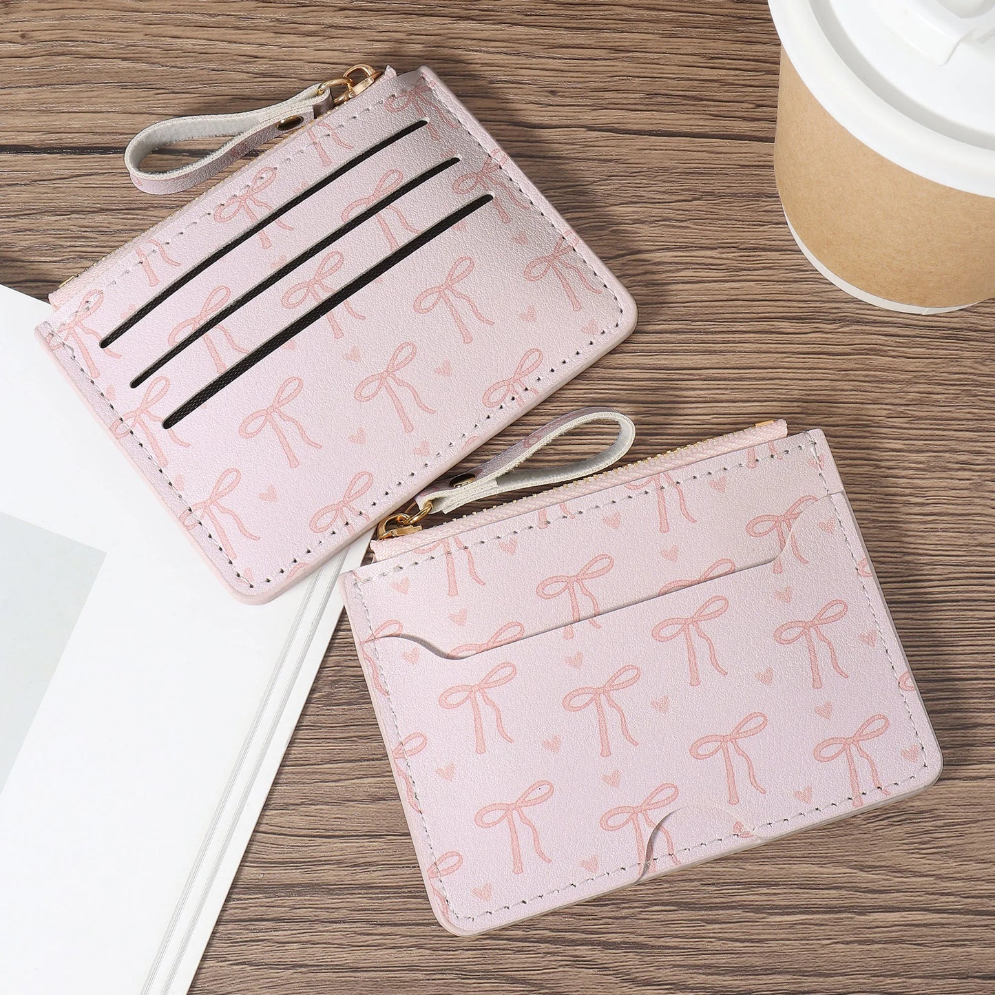 Porte-cartes ultra-fin zippé motif nœuds – mini portefeuille compact femme