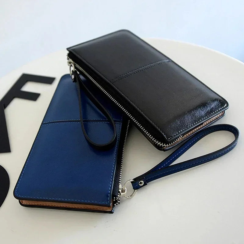 Portefeuille femme long en cuir PU vintage avec zip et dragonne grande capacité