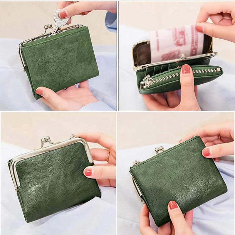 Portefeuille vintage en cuir pour femme avec fermoir Kiss Lock et grande capacité