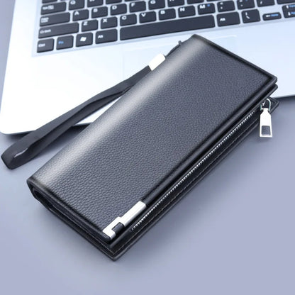 Portefeuille long homme en cuir PU avec zip, dragonne et compartiment téléphone grande capacité
