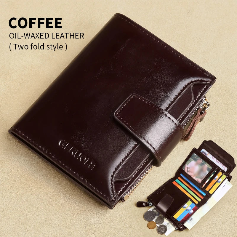 Portefeuille homme cuir véritable vintage RFID avec zip et porte-cartes multifonction