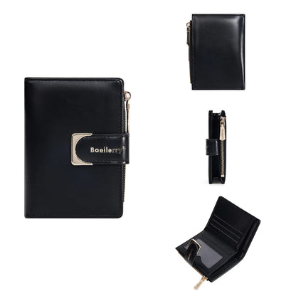Portefeuille femme compact en cuir PU avec fermeture zippée et bouton élégant