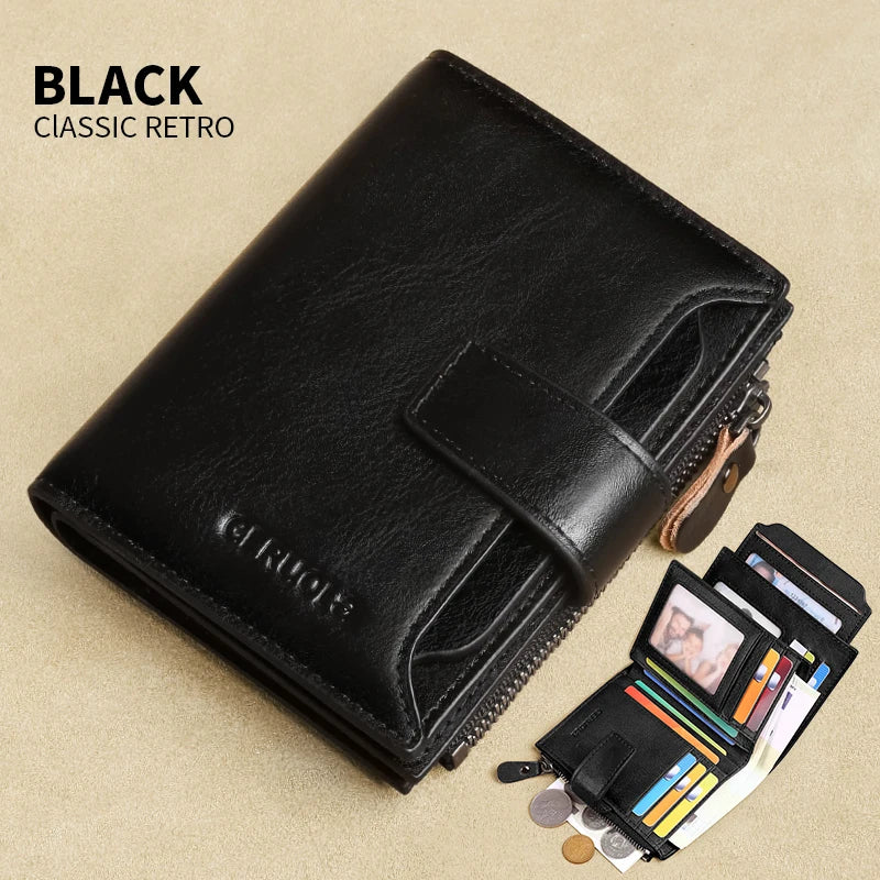 Portefeuille homme cuir véritable vintage RFID avec zip et porte-cartes multifonction