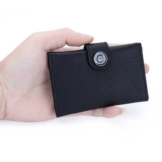 Porte-cartes ultra-fin en cuir véritable avec fermeture pression pour femme et homme