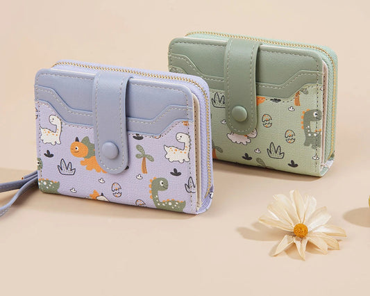 Portefeuille court à motif dinosaure mignon avec blocage rfid et bouton pression pour femme