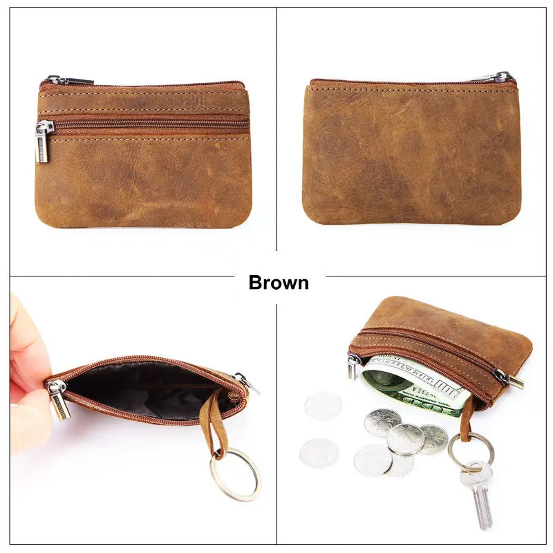 Porte-monnaie rétro en cuir véritable avec porte-clés intégré - style vintage