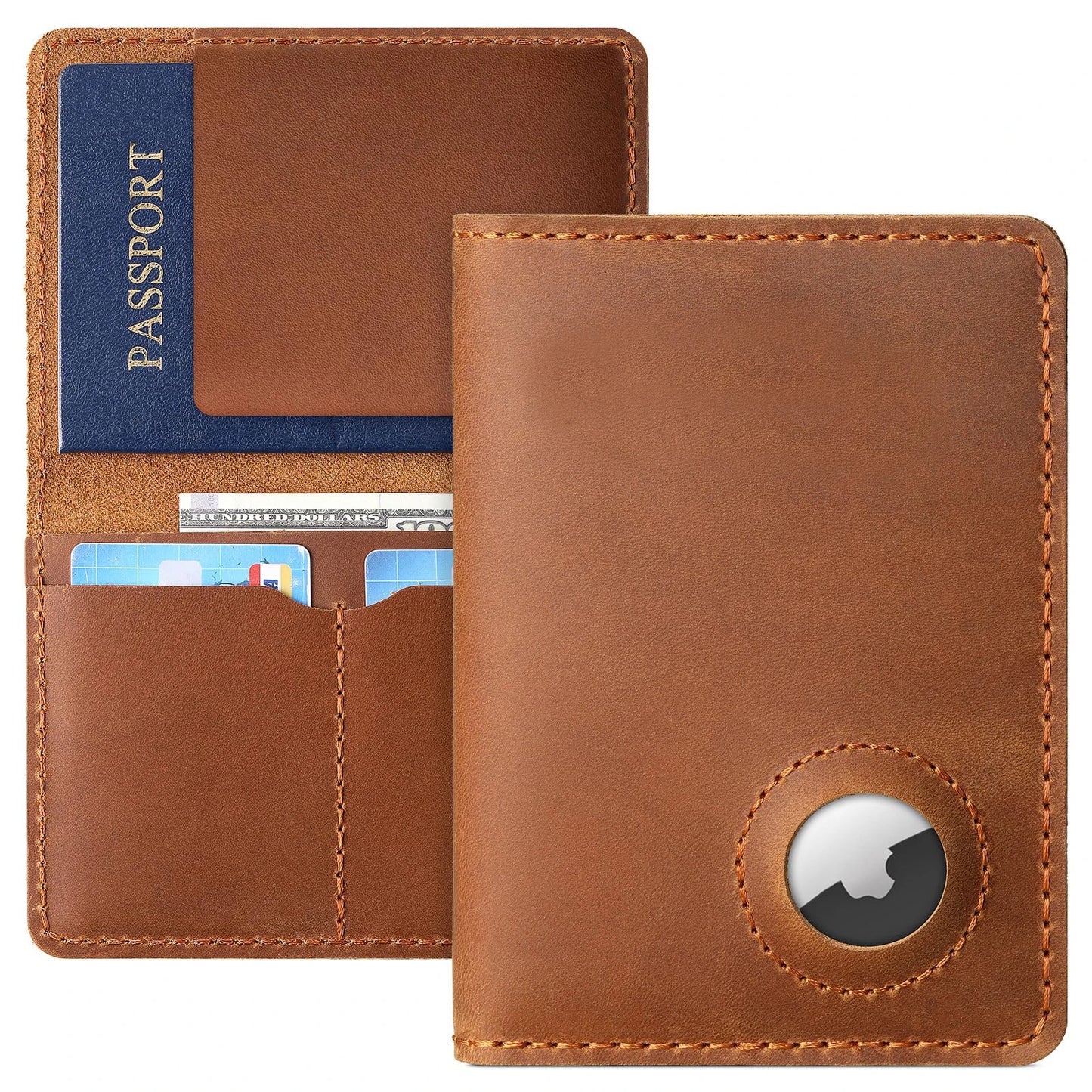 Protège-passeport en cuir véritable avec fente Airtag et blocage RFID
