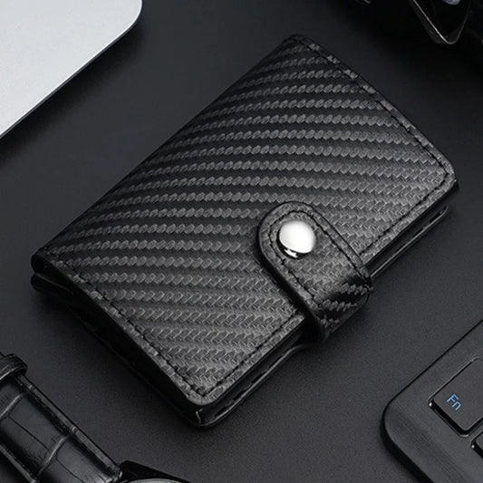 Porte-cartes compact effet fibre carbone avec bouton pression et accès rapide pop-up