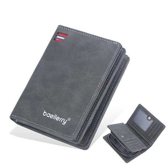 Portefeuille homme court en cuir pu vintage à grande capacité avec poche monnaie zippée