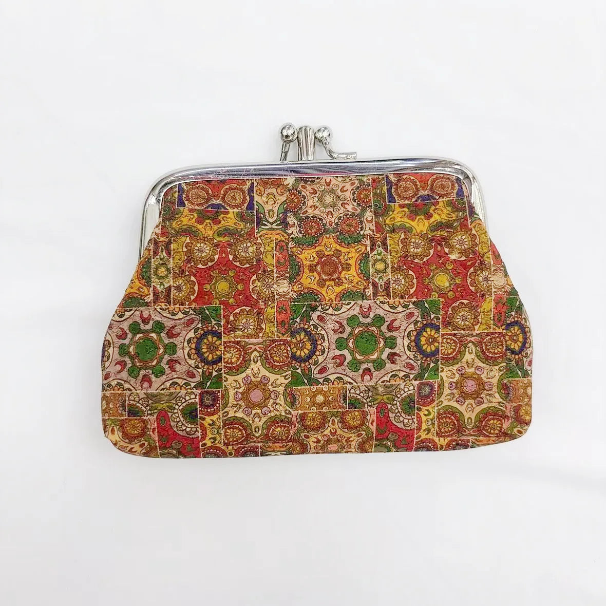 Porte-monnaie rétro en liège avec fermoir clic-clac et motifs floraux